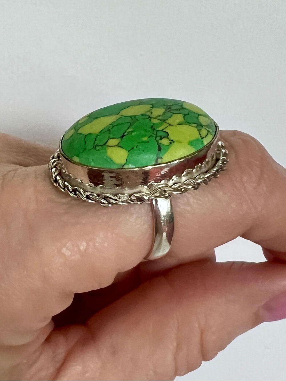 Boho Cabochon Silver-Plated Vintage-Style Ring Faux Green Copper Turquoise